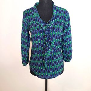 Cynthia Rowley Shirt Womens XS Novelty Owl Print Button Up tie Blouse Preppy